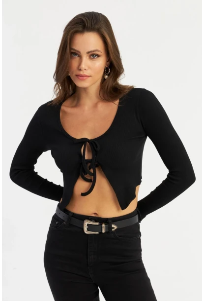 Kadın Siyah Önü Bağlamalı Kaşkorse Crop Bluz AYD381