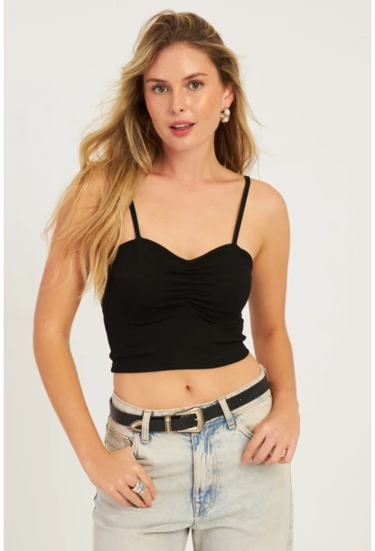 Kadın Siyah Önü Büzgülü Crop Bluz CG339