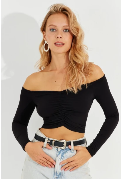 Kadın Siyah Önü Büzgülü V Yaka Crop Bluz B1977