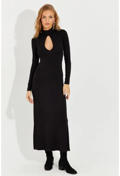 Kadın Siyah Önü Damla Yırtmaçlı Midi Elbise EY2575