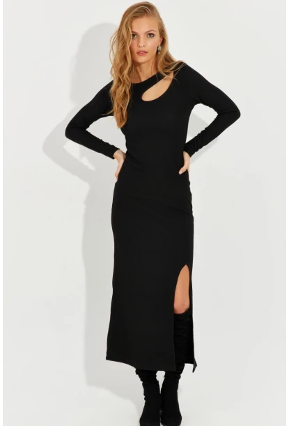 Kadın Siyah Önü Damla Yırtmaçlı Midi Elbise RMZ1002