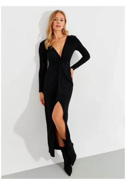 Kadın Siyah Önü Düğümlü Maxi Elbise BK1708