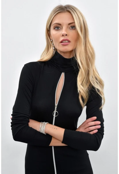 Kadın Siyah Önü Fermuarlı Balıkçı Bluz M1908