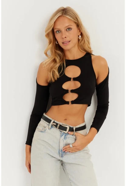 Kadın Siyah Önü Halkalı Crop Bluz MEN2038