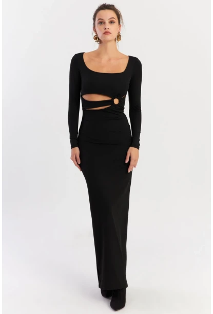 Kadın Siyah Önü Halkalı Maxi Yılbaşı Elbise DCF089