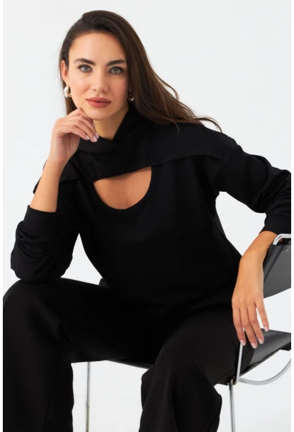 Kadın Siyah Önü Pencereli Kapüşonlu Sweatshirt TF38