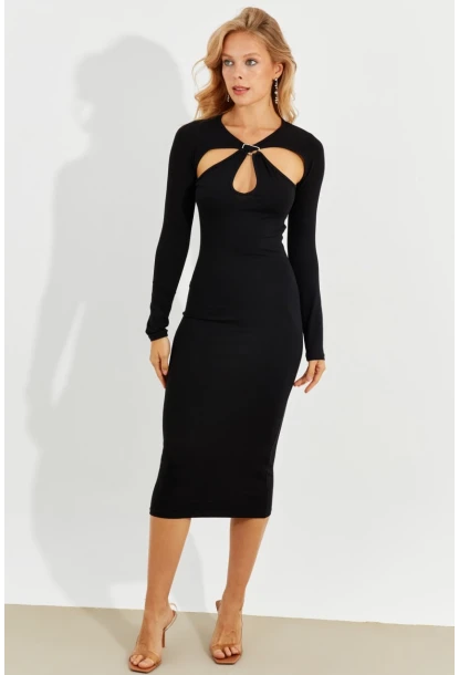 Kadın Siyah Önü Pencereli Midi Elbise B226