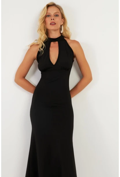 Kadın Siyah Önü Pencereli Midi Elbise EY2849