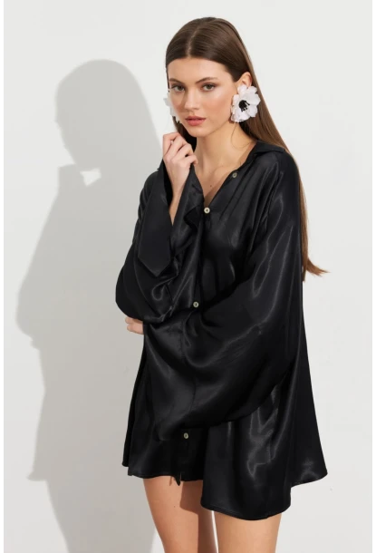 Kadın Siyah Oversize Gömlek ROP106