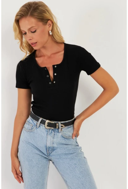 Kadın Siyah Patlı Kaşkorse Bluz XL2021