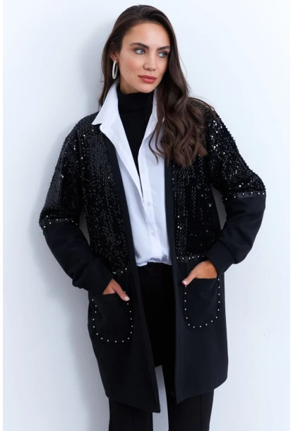 Kadın Siyah Payetli Cepli Zımbalı Hırka MPK810