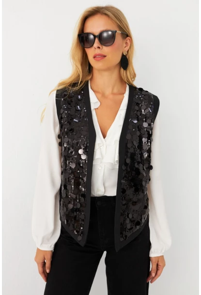 Kadın Siyah Payetli Yelek QS5938