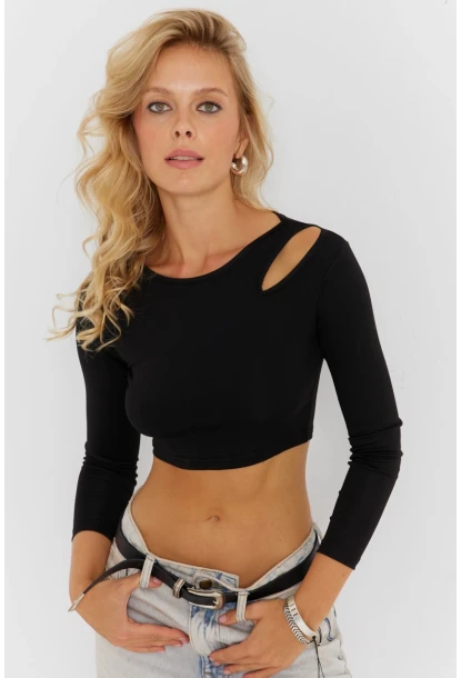Kadın Siyah Pencereli Crop Bluz CG363