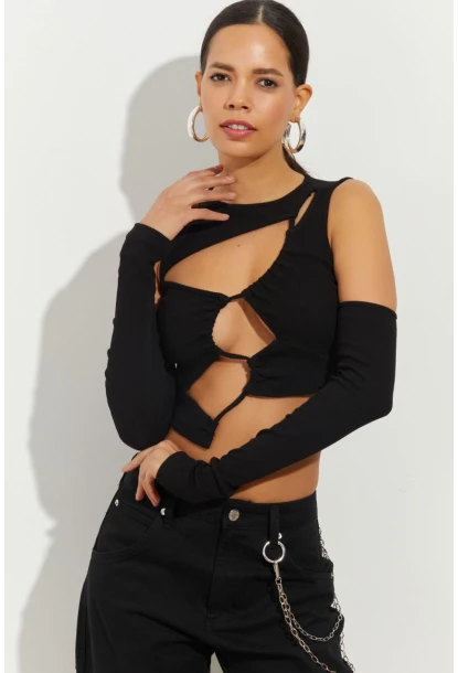 Kadın Siyah Pencereli Kaşkorse Crop Bluz B2403