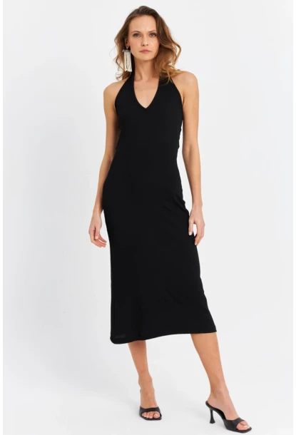 Kadın Siyah Pencereli Kaşkorse Midi Elbise EY3063