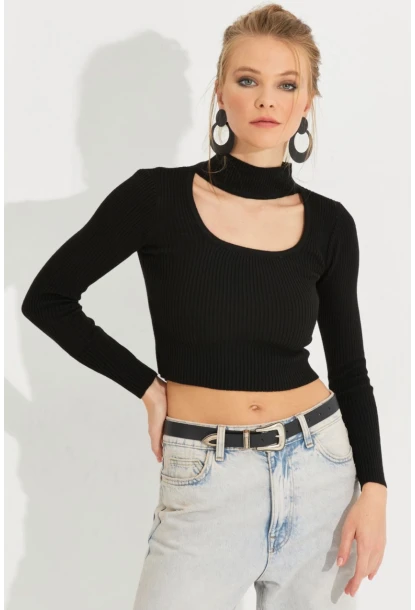 Kadın Siyah Pencereli Triko Crop Bluz EA230012
