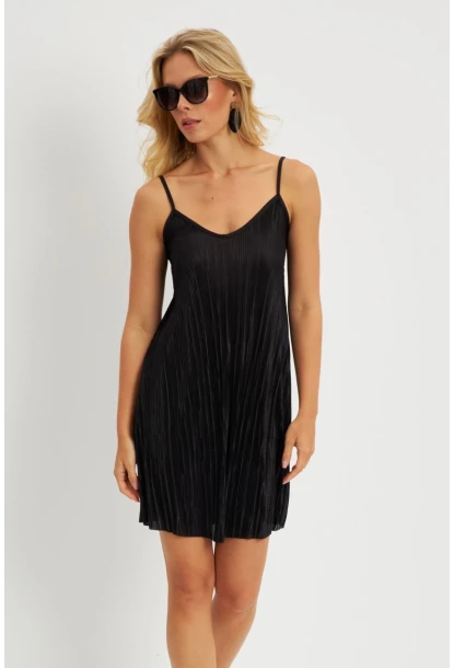 Kadın Siyah Piliseli Mini Elbise  DMR338
