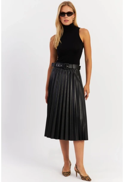 Kadın Siyah Plili Suni Deri Kemerli Mini Etek ELA200066