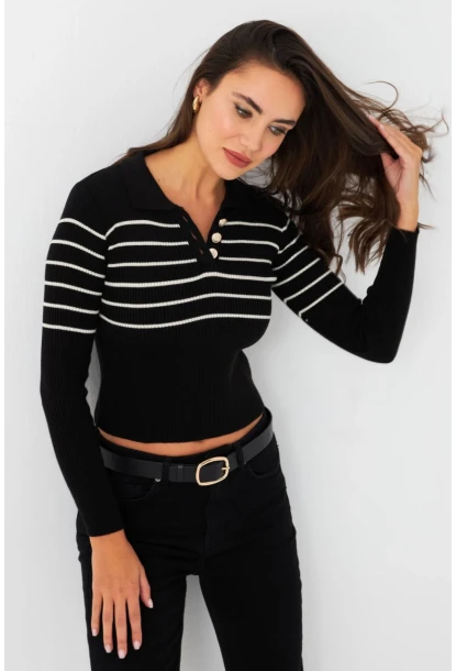 Kadın Siyah Polo Yaka Çizgili Triko Bluz MK65