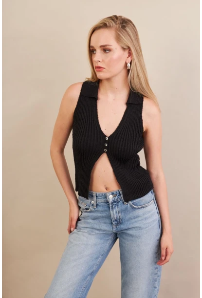 Kadın Siyah Polo Yaka Yumoş Yelek ZH050