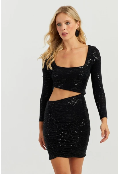 Kadın Siyah Pullu Mini Elbise KED146