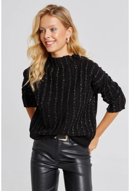 Kadın Siyah Pullu Triko Bluz SF2527