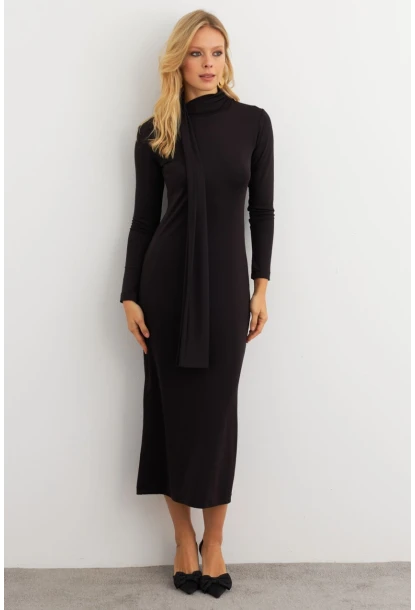 Kadın Siyah Şal Detaylı Midi Elbise MEY3010