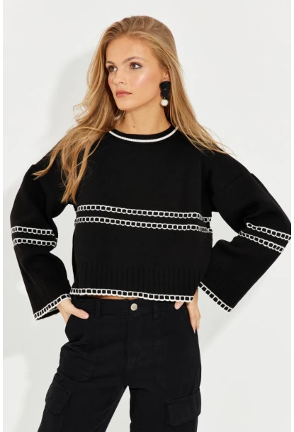 Kadın Siyah Salaş Triko Kısa Kazak YZ518