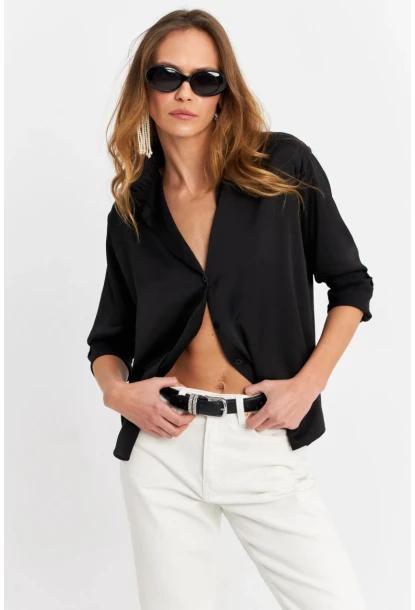 Kadın Siyah Saten Gömlek ELT8051