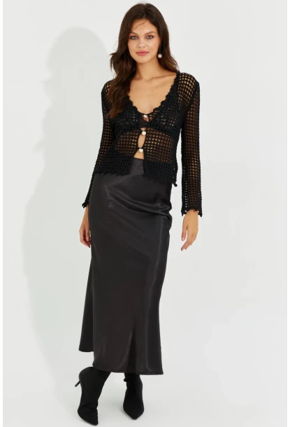 Kadın Siyah Saten Maxi Etek RMZ21077