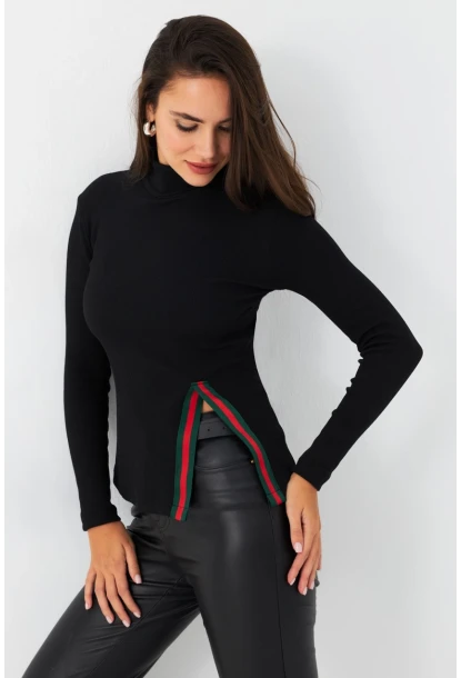 Kadın Siyah Şerit Detaylı Kaşkorse Balıkçı Bluz TF32