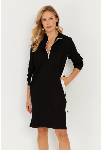 Kadın Siyah Şeritli Fermuarlı Midi Elbise ST5024