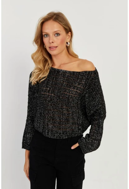 Kadın Siyah Simli Ajurlu Triko Bluz YZ403