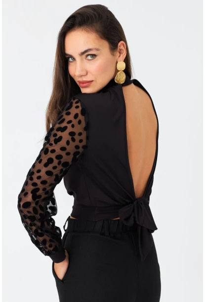 Kadın Siyah Sırt Bağlamalı Kolları Tül Bluz TF41
