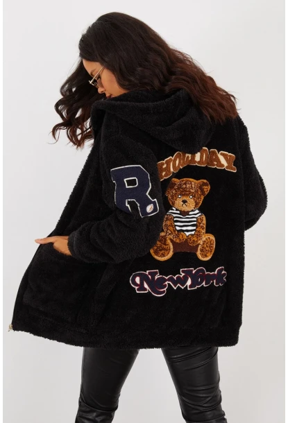 Kadın Siyah Sırt Baskılı Kapüşonlu Peluş Mont BK231123