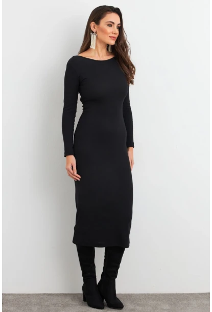 Kadın Siyah Sırt Dekolteli Kaşkorse Midi Elbise EY3029