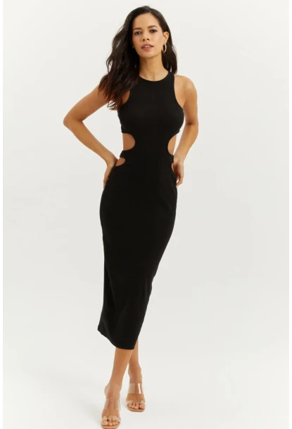 Kadın Siyah Sırt Dekolteli Maxi Elbise B1818