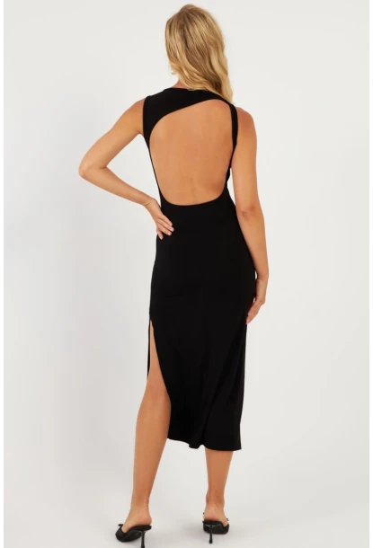 Kadın Siyah Sırt Dekolteli Midi Elbise DMR692