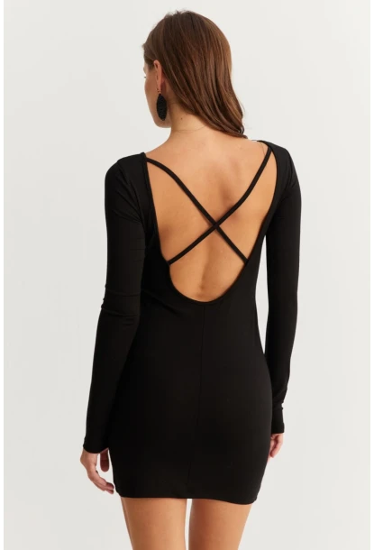 Kadın Siyah Sırt Dekolteli Mini Elbise HOR36