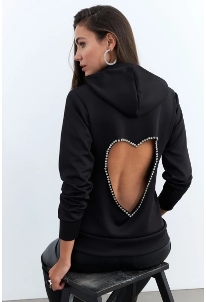 Kadın Siyah Sırt Dekolteli Taşlı Sweatshirt BTH15