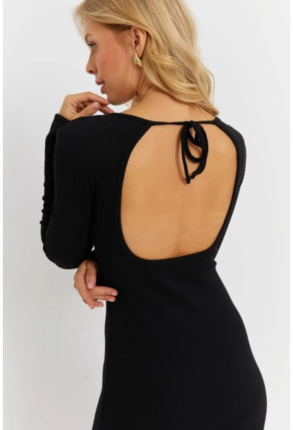 Kadın Siyah Sırt Pencereli Yırtmaçlı Kaşkorse Midi Elbise EY2874