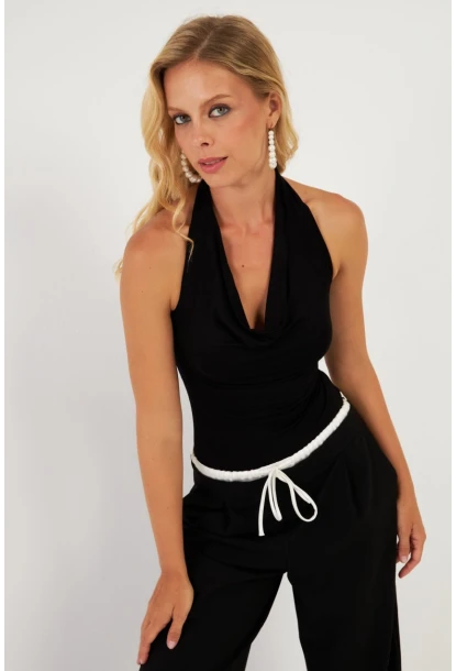 Kadın Siyah Sırtı Açık Çıtçıtlı Body LPP1295