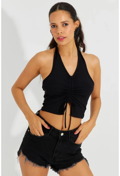 Kadın Siyah Sırtı Açık Crop Bluz B2697