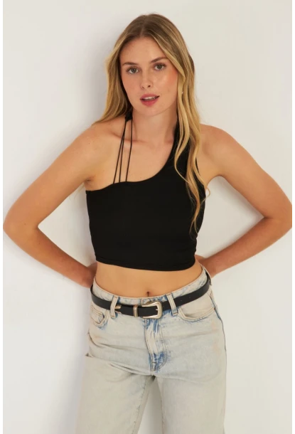 Kadın Siyah Sırtı Açık Crop Bluz CG345