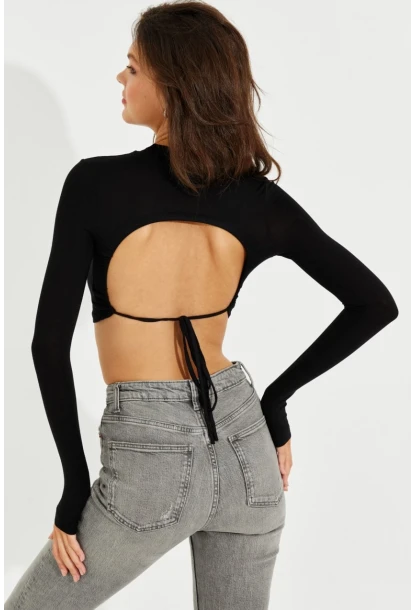 Kadın Siyah Sırtı Açık Crop Bluz LPP1232