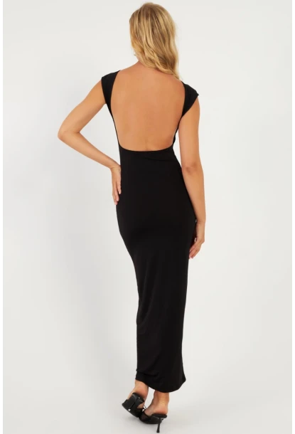Kadın Siyah Sırtı Açık Midi Elbise DMR345