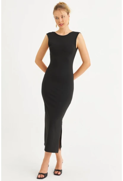 Kadın Siyah Sırtı Açık Midi Elbise YEL221672