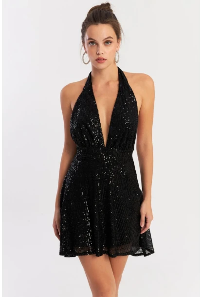 Kadın Siyah Sırtı Açık Payetli Astarlı Mini Elbise Dcf046