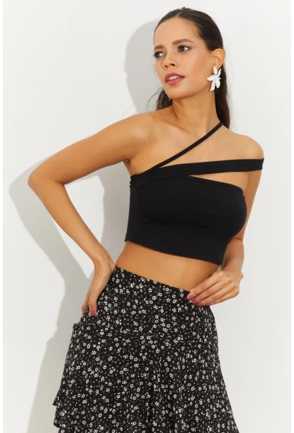 Kadın Siyah Sırtı Çapraz Crop Bluz B2550