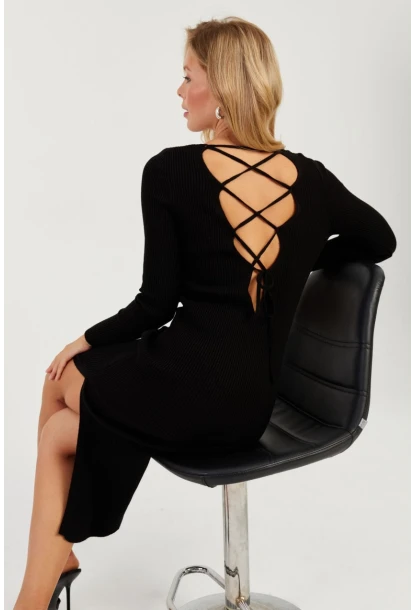 Kadın Siyah Sırtı Çapraz Triko Midi Elbise YZ407